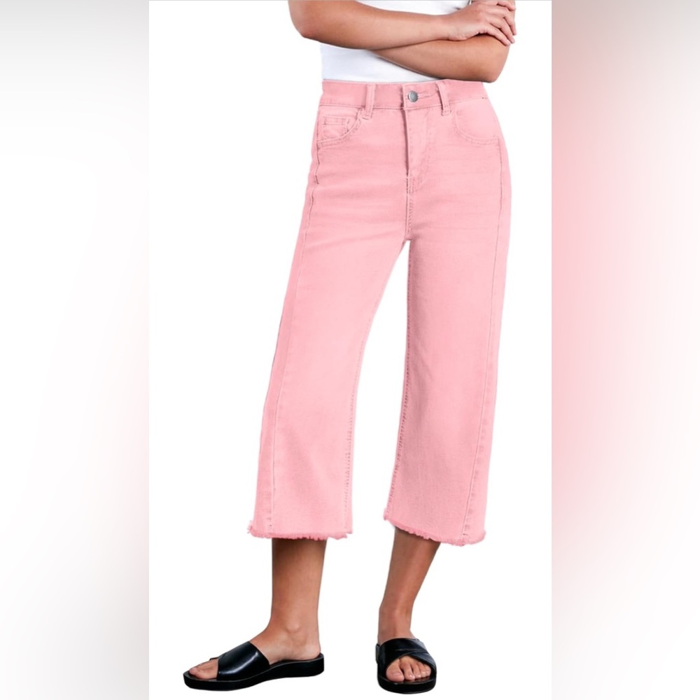 Sidefeel Women's Capri Jeans High Waisted Wide Leg Stretchy Raw Hem Denim Pants